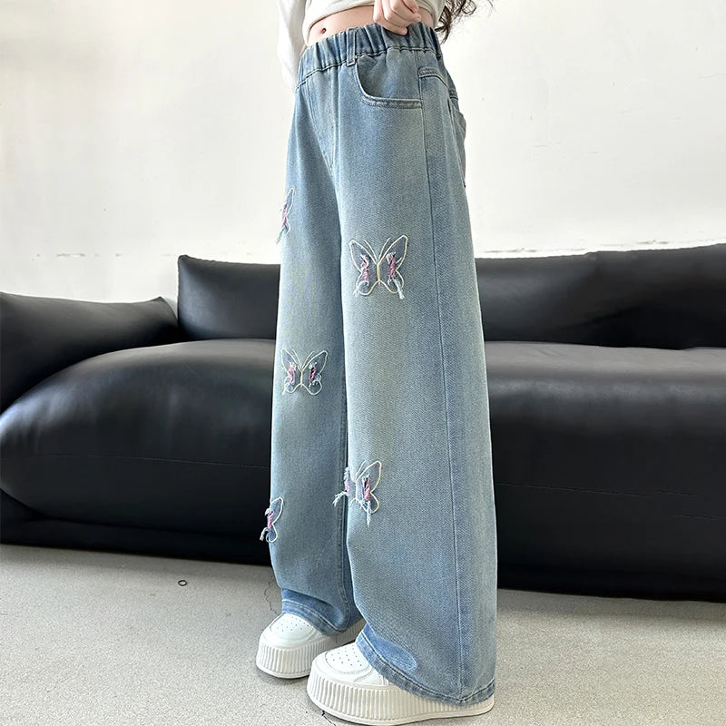 Girls versatile butterfly ripped  jeans wide-leg pants 2025 new product fashionable versatile medium and large children slimming