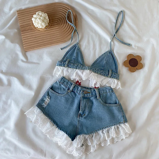 3-16years Teenage Girls Summer Clothes Sets Sleeveless Denim Crop Shirts+Jeans Shorts Pants Toddler Kids Clothing Suits For Girl