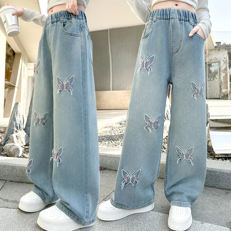 Girls versatile butterfly ripped  jeans wide-leg pants 2025 new product fashionable versatile medium and large children slimming