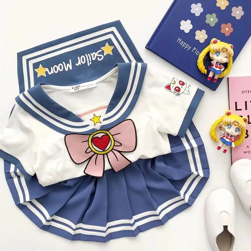Kids Girls Clothes Sets Cartoon Bow T-Shirts Tops Pleated Skirts Suits Sailor Moon Cosplay Party Custume Children Clothes Sets