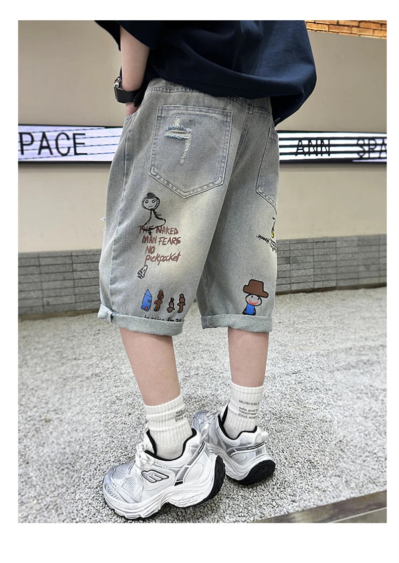 Boy Ripped Jeans 2025 New Product Mid-Pants Summer Fashion Casual Boys Denim Mid-Pants  Printed Cropped Pants 5-15 years old