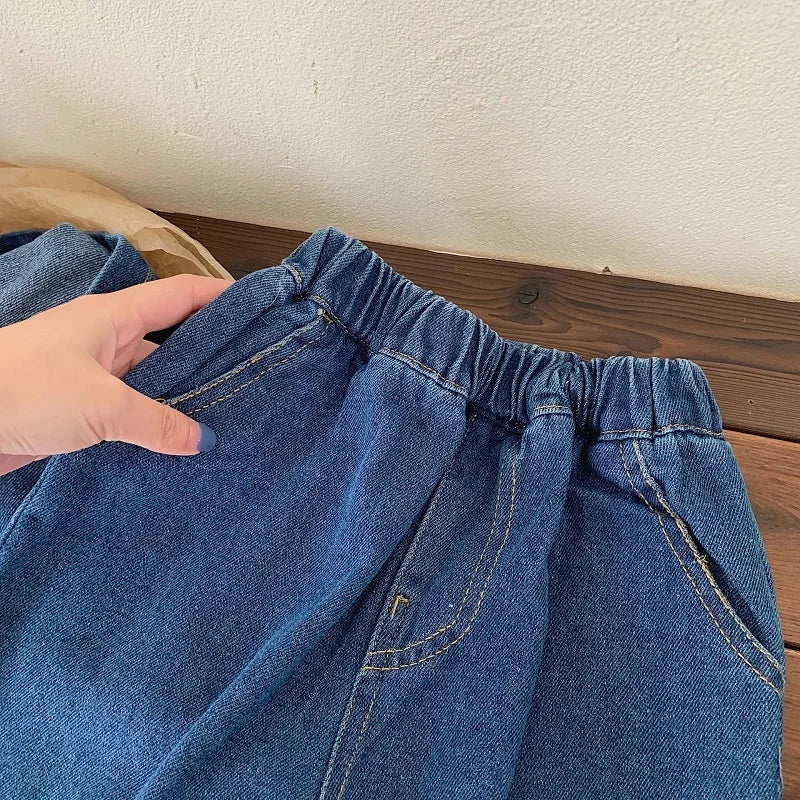 Children's clothing Spring and Autumn, boys' denim hooded sweatshirt, women's Baoyang solid color long sleeved top and pants set