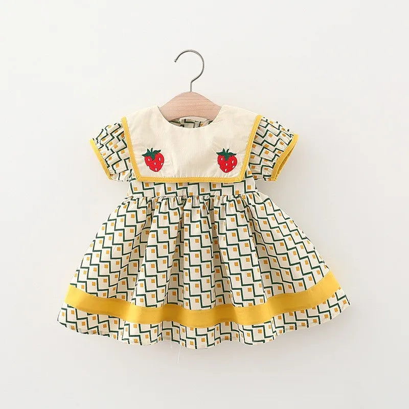 Summer Children's Clothes Simple Plaid Baby Girls Dresses Short Sleeve Kids Fashion Navy Collar 0 To 3 Years Old Toddler Costume