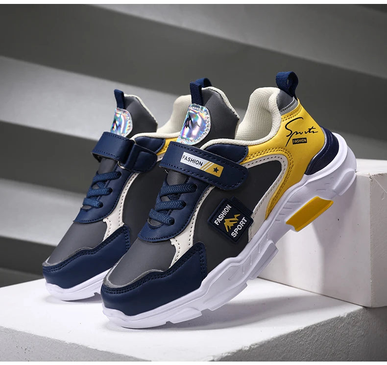 Kids Fashion Sport Casual Sneakers for Boys Leather Upper Children's Outdoor Lightweight Shock-Absorbing Running Shoes