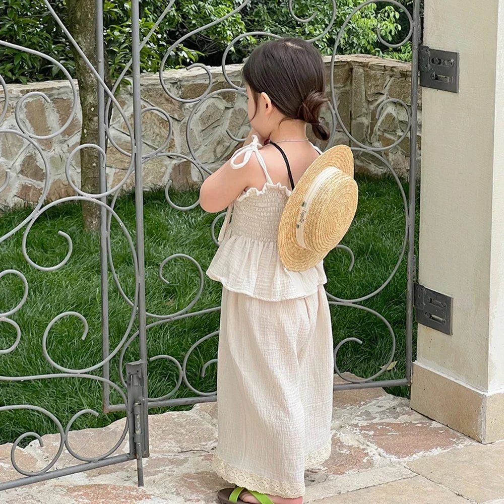 Korean Children Kids Clothing Set Girls Summer Organic Cotton  Camisole Top Lace Wide Leg Pants Trousers Outfits